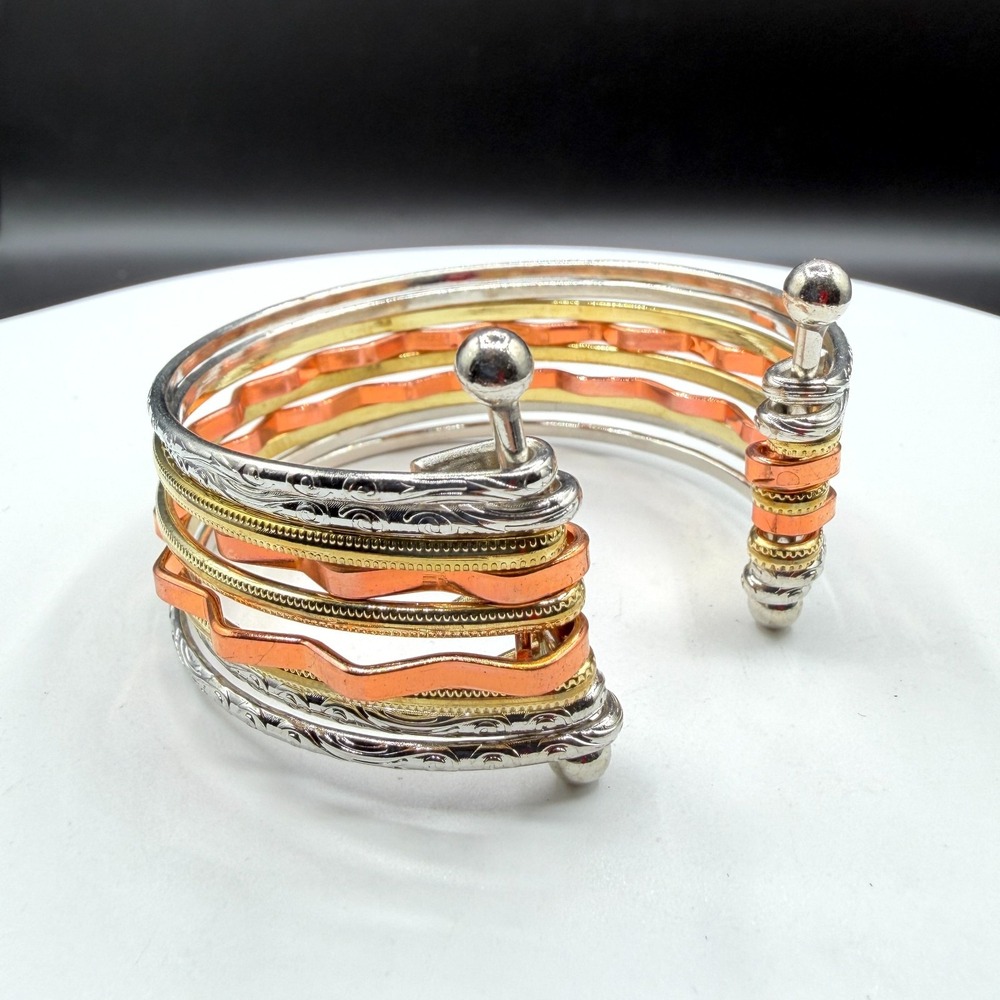 Tri Tone Open Cuff Bracelet Silver Gold & Copper Tone Layered Layered Statement